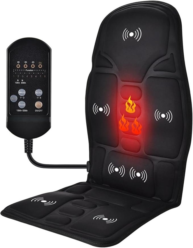 Vibrating seat massager with 8 modes for chair. Relieves stress & fatigue in back, shoulders, and thighs. Black robotic cushion.