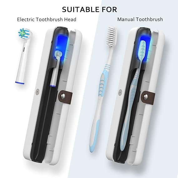 Portable UV toothbrush sanitizer travel case with auto-cycle sterilization. Rechargeable cleaner holder fits manual & most electric brush heads.