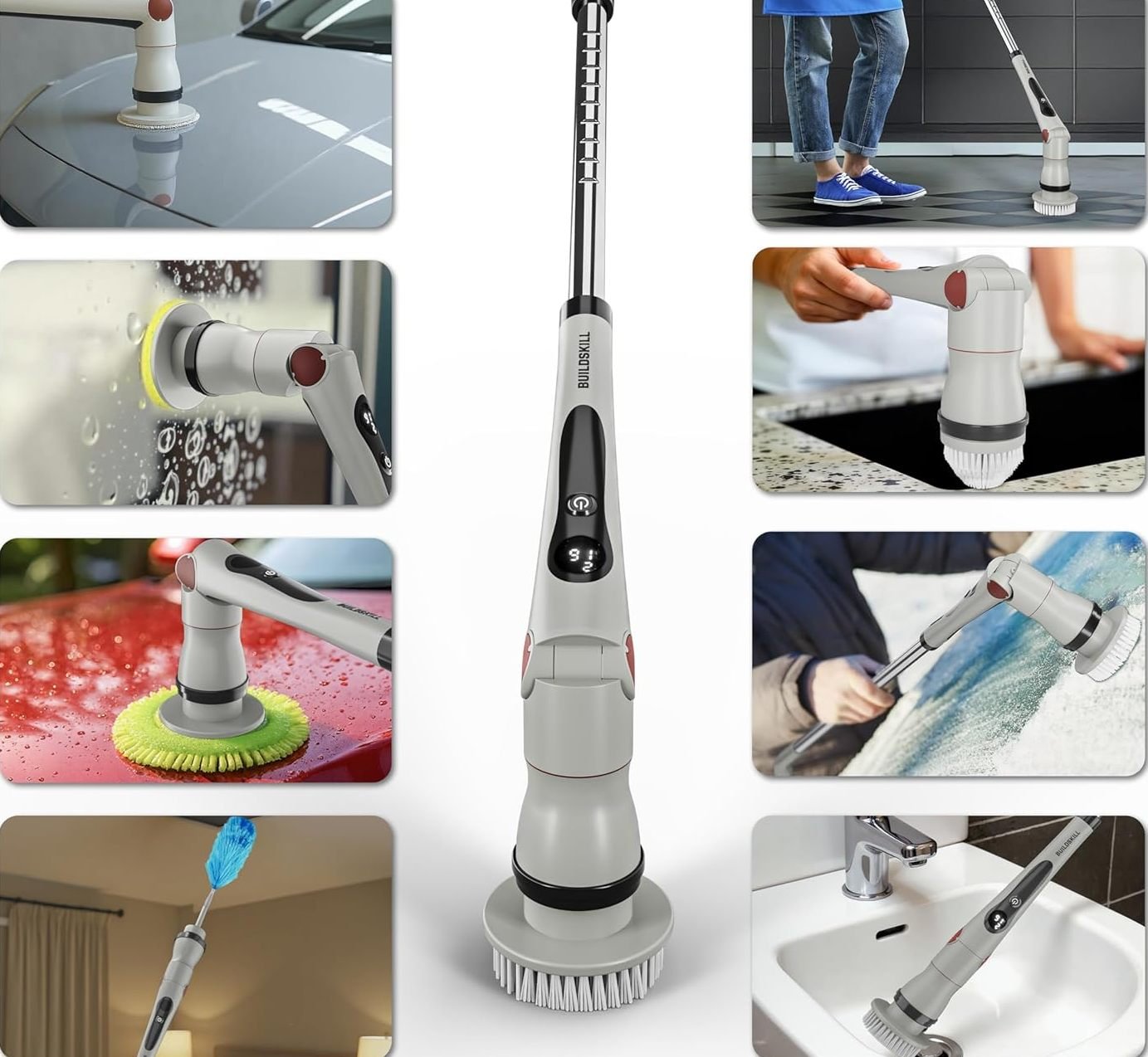 Rechargeable scrubber with LED display, 3 speeds, 4 angles, IPX6 waterproof & telescopic handle. Ideal for tiles, slabs, car & bathroom deep cleaning!