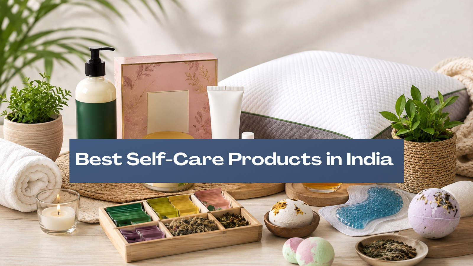 Best Self-Care Products in India featuring skincare, wellness, herbal tea, bath essentials, memory foam pillow, and relaxing home accessories.